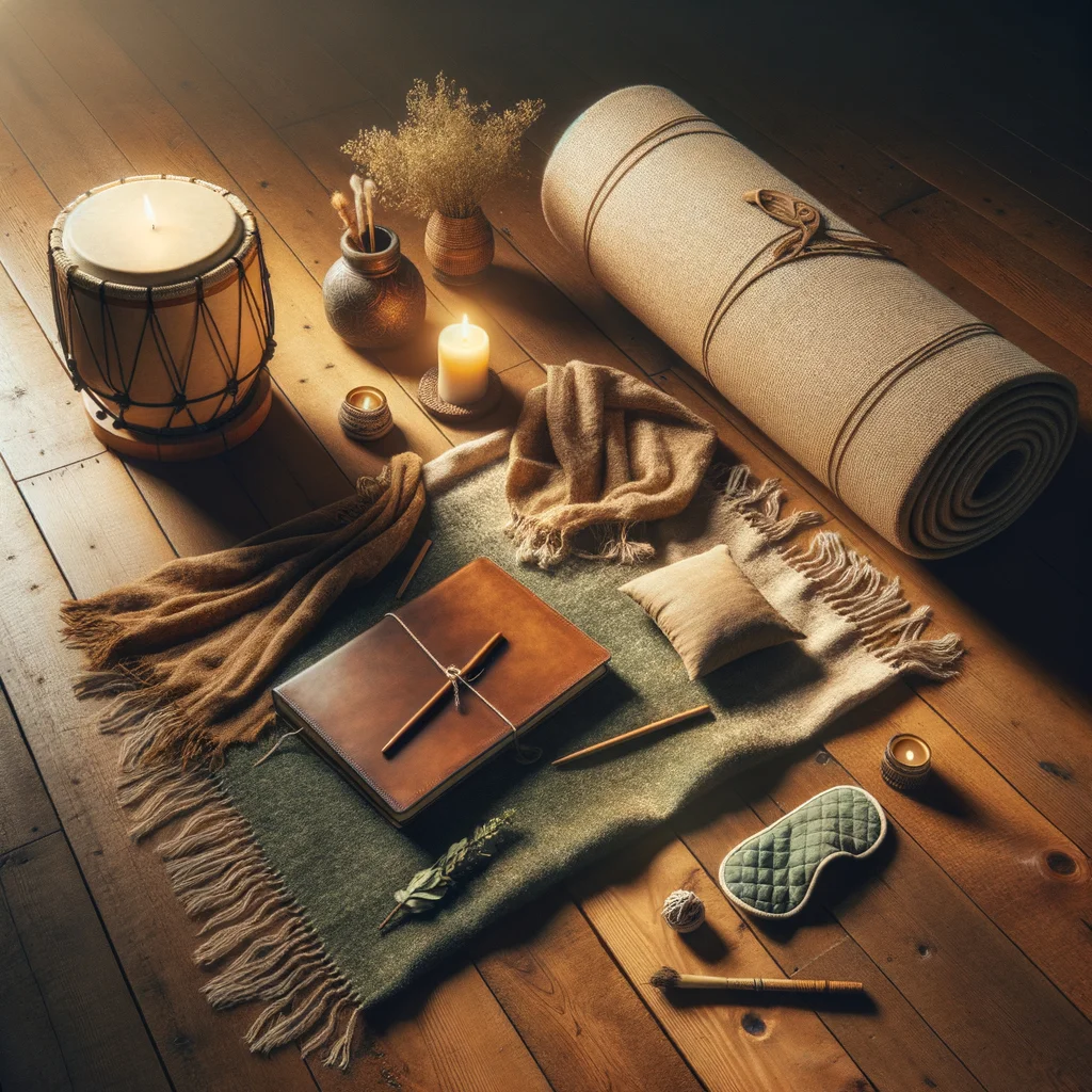 Items laid out for a shamanic drum journey — mat, blanket, pillow, candle, journal and drum