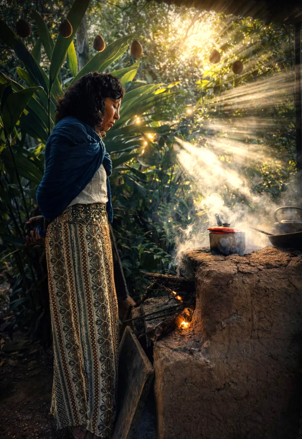 Mar preparing ceremonial cacao over an open fire in the jungle