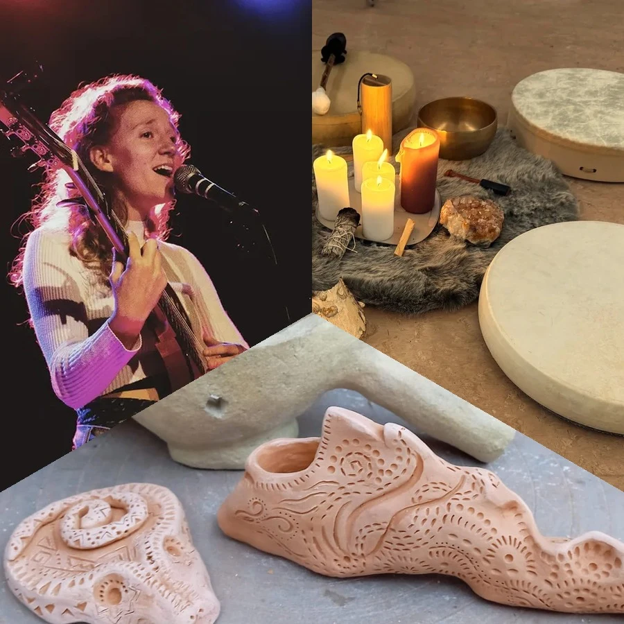 Atsugá performing on stage, Mar with her drum, and Mar working with clay