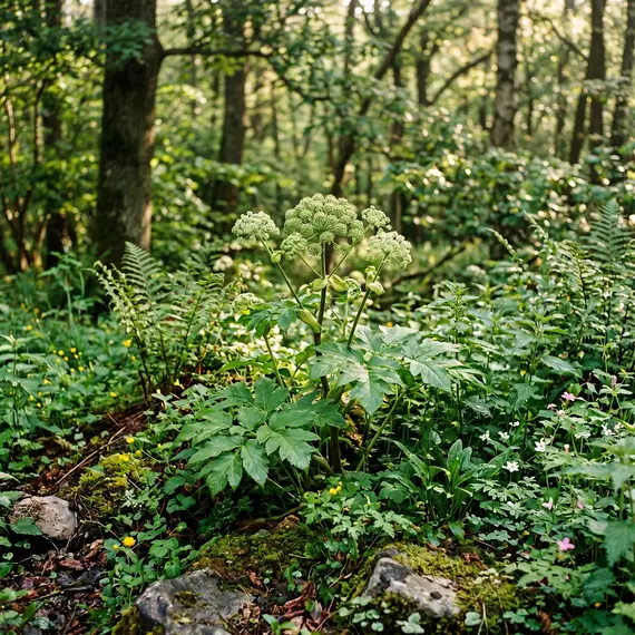 Wild medicinal plants growing in a green forest clearing