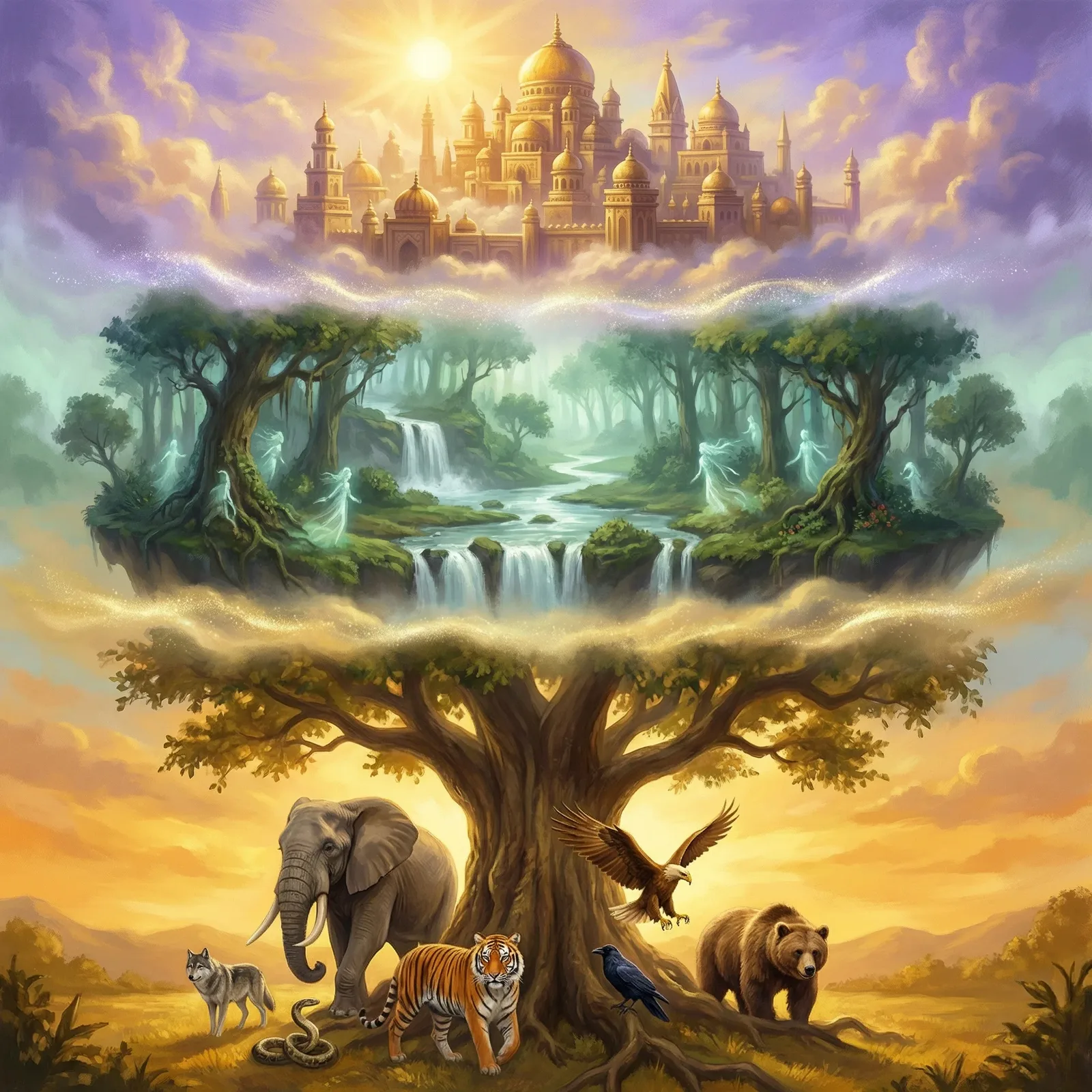 The three shamanic worlds — lower earth, living world, and Shambhala above